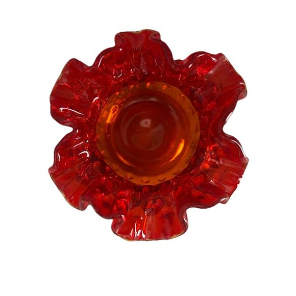 Fenton Glows Amberina Hobnail Small Rose Bowl Ruffle Crimped Orange Glass Vase - Picture 10 of 14